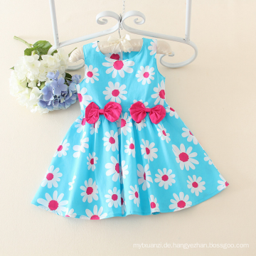 Kurze Kinder Kleider Designs Blumenkleid BlueColor Casual Cotton Fashion Designs Sommer Kinder Mädchen Kleid mit zwei Bögen